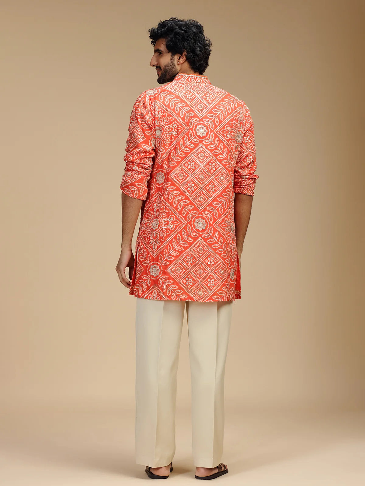 Orange Embroidered Kurta Pant Set for Men with Mandarin Collar