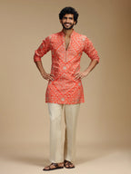 Orange Embroidered Kurta Pant Set for Men with Mandarin Collar