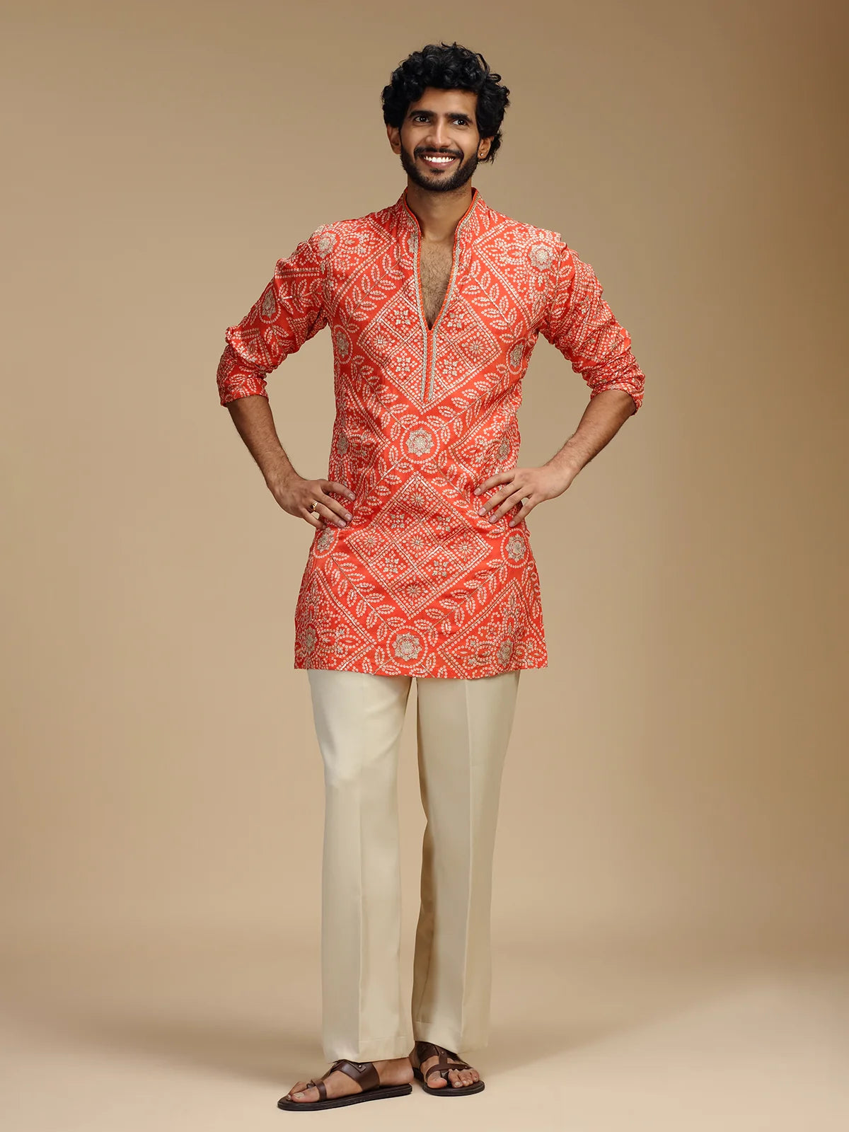 Orange Embroidered Kurta Pant Set for Men with Mandarin Collar