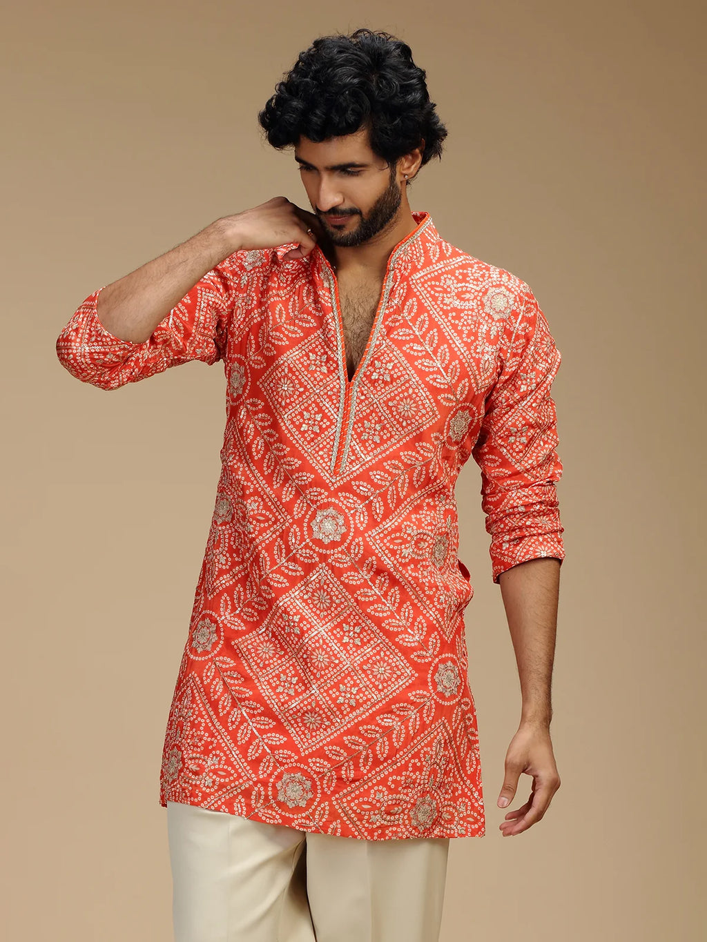 Orange Embroidered Kurta Pant Set for Men with Mandarin Collar