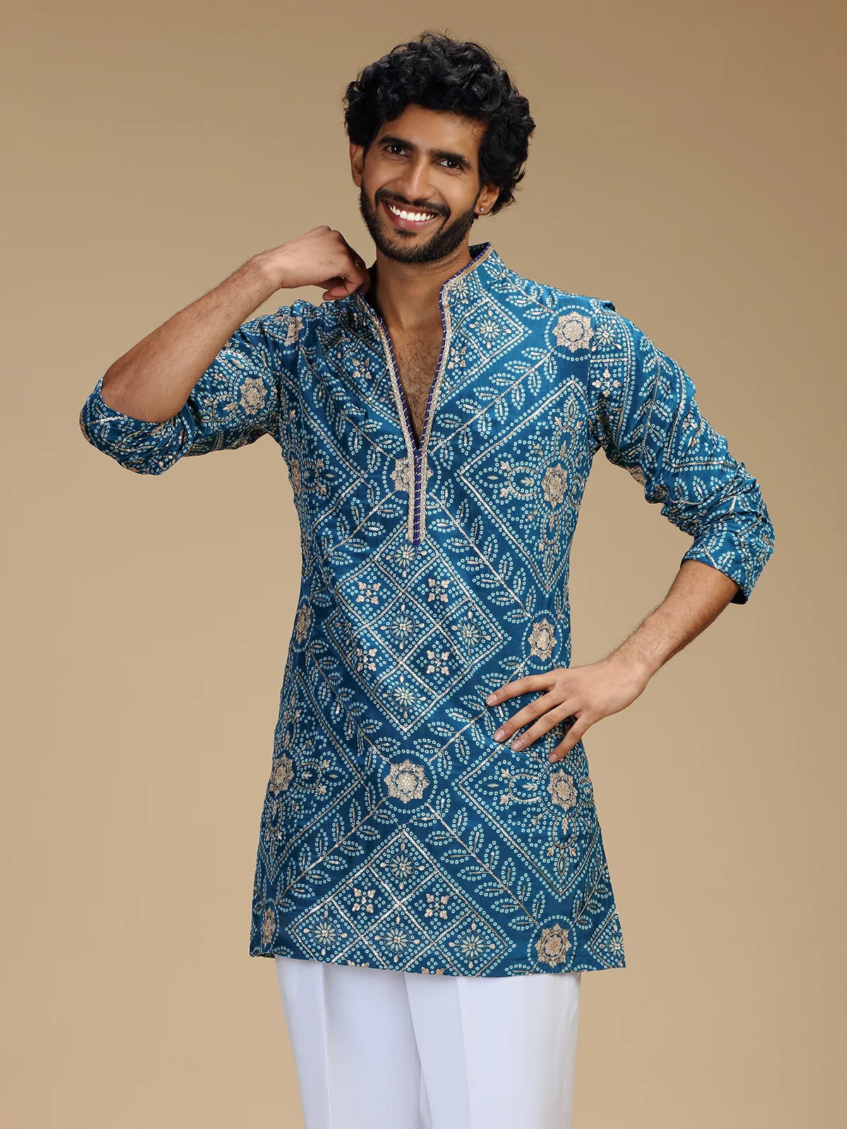 Aqua Blue Embroidered Kurta Pant Set for Men with Mandarin Collar