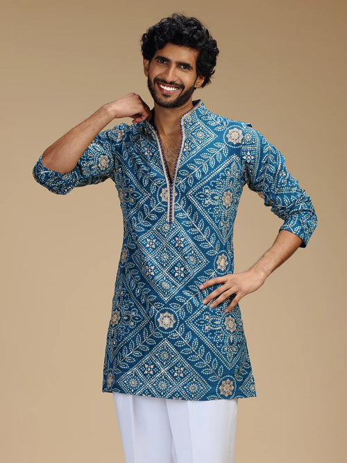 Aqua Blue Embroidered Kurta Pant Set for Men with Mandarin Collar