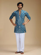 Aqua Blue Embroidered Kurta Pant Set for Men with Mandarin Collar