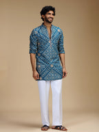 Aqua Blue Embroidered Kurta Pant Set for Men with Mandarin Collar