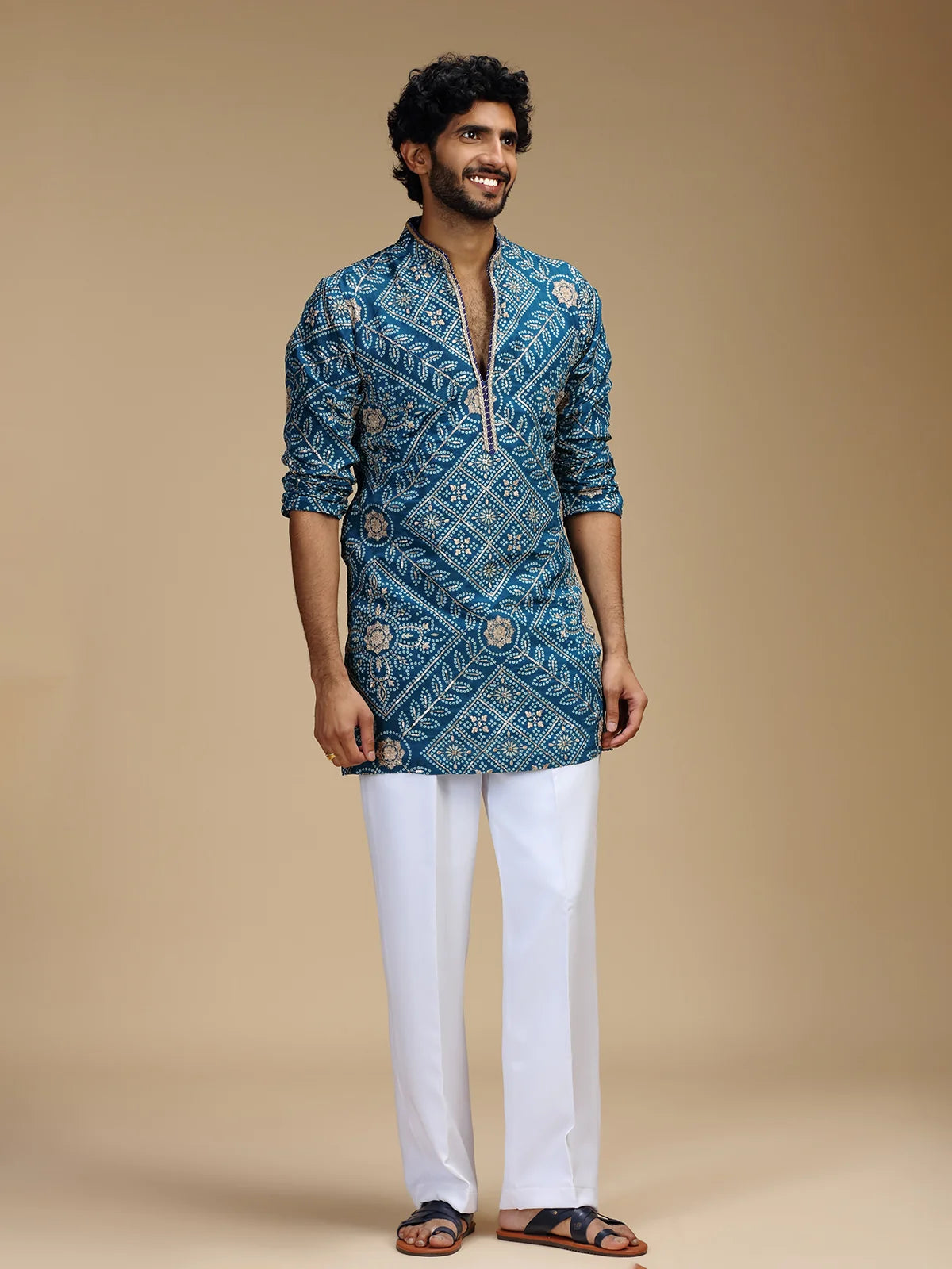 Aqua Blue Embroidered Kurta Pant Set for Men with Mandarin Collar
