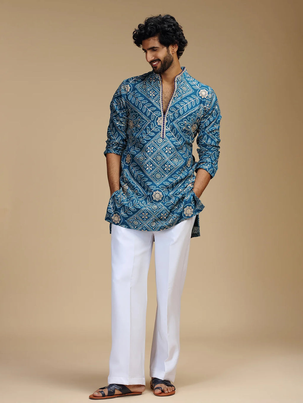 Aqua Blue Embroidered Kurta Pant Set for Men with Mandarin Collar
