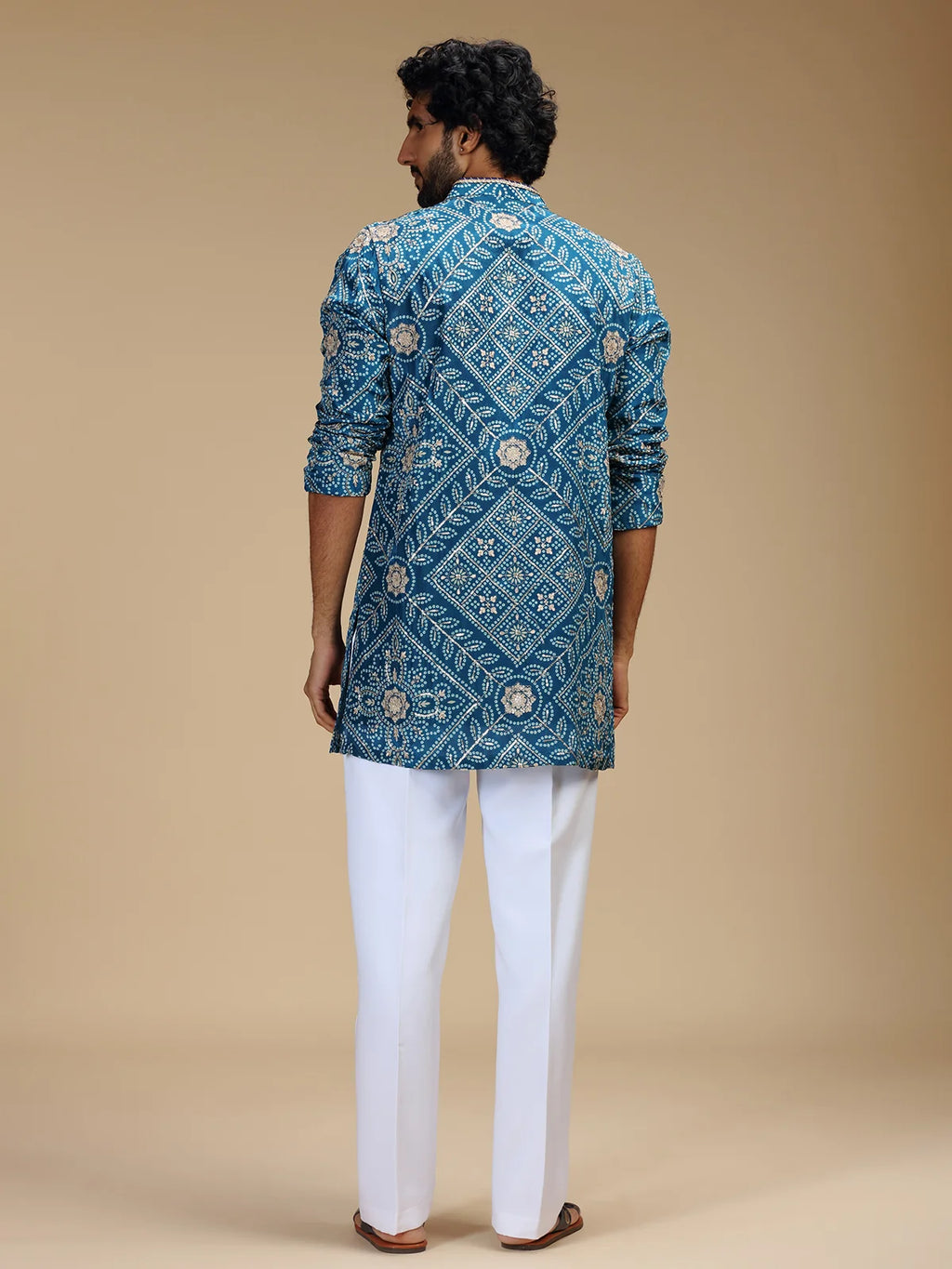 Aqua Blue Embroidered Kurta Pant Set for Men with Mandarin Collar