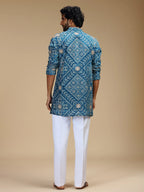 Aqua Blue Embroidered Kurta Pant Set for Men with Mandarin Collar