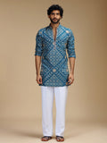 Aqua Blue Embroidered Kurta Pant Set for Men with Mandarin Collar