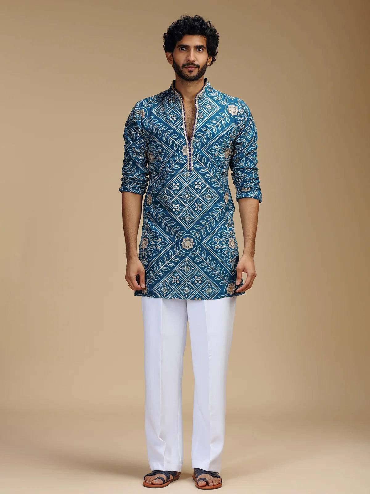 Aqua Blue Embroidered Kurta Pant Set for Men with Mandarin Collar