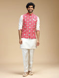 Rani Pink & Cream Embroidered Kurta Jacket Pant Set for Men
