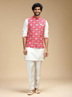 Rani Pink & Cream Embroidered Kurta Jacket Pant Set for Men