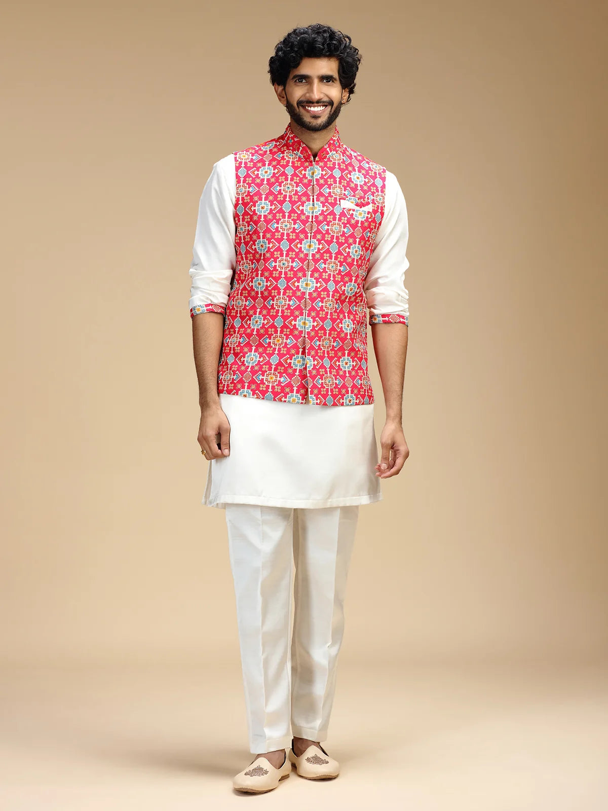 Rani Pink & Cream Embroidered Kurta Jacket Pant Set for Men