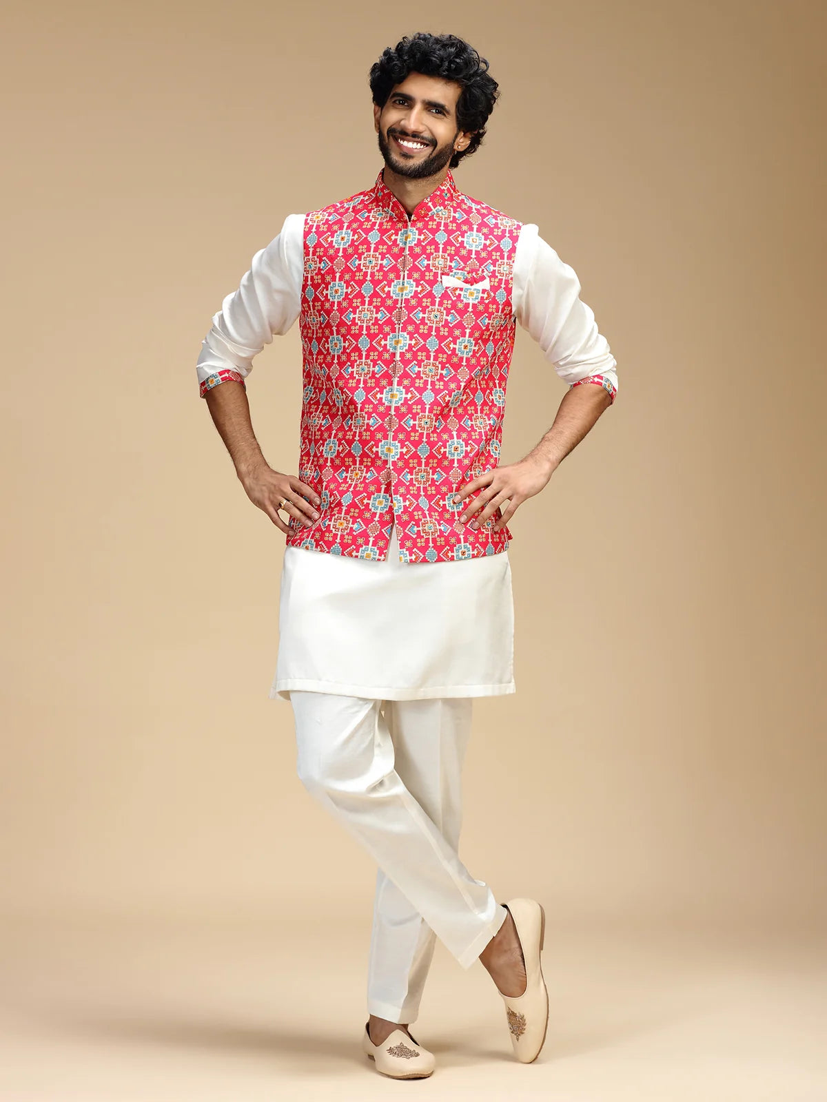 Rani Pink & Cream Embroidered Kurta Jacket Pant Set for Men