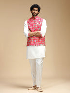 Rani Pink & Cream Embroidered Kurta Jacket Pant Set for Men