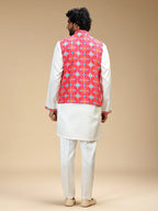Rani Pink & Cream Embroidered Kurta Jacket Pant Set for Men