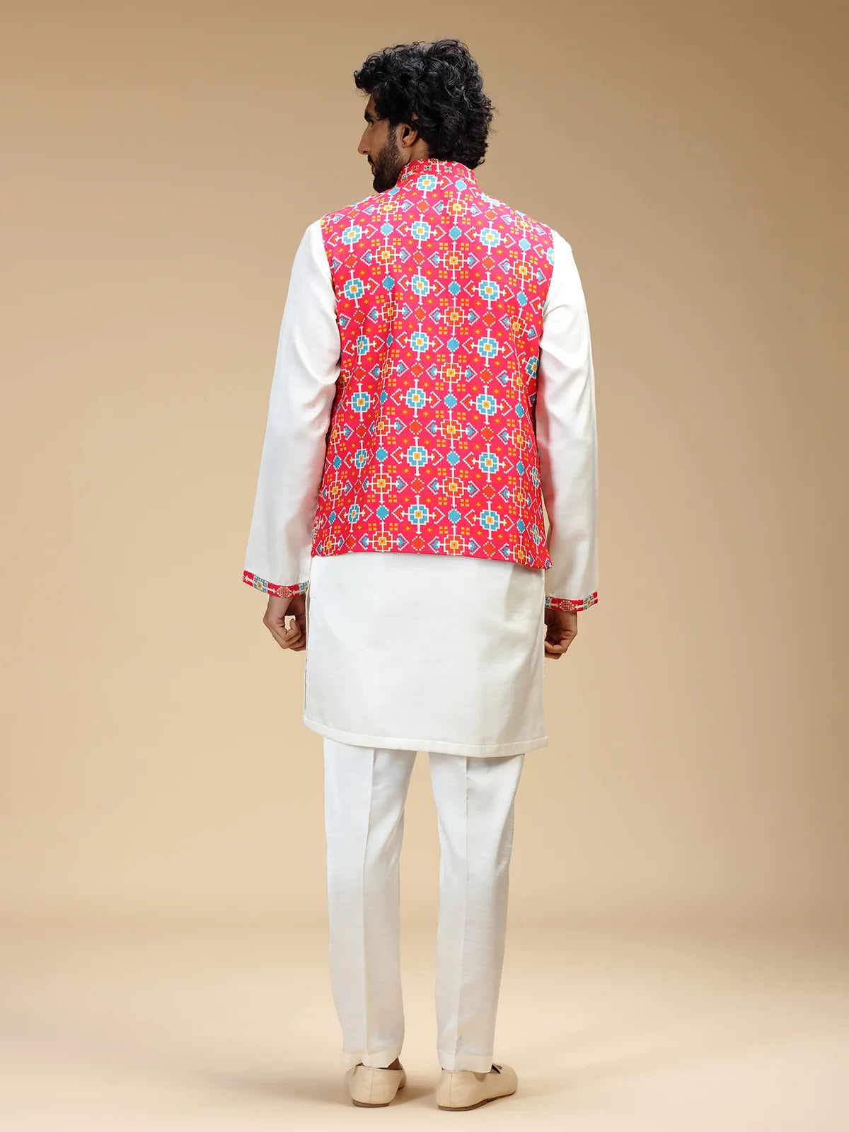 Rani Pink & Cream Embroidered Kurta Jacket Pant Set for Men
