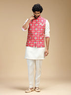 Rani Pink & Cream Embroidered Kurta Jacket Pant Set for Men