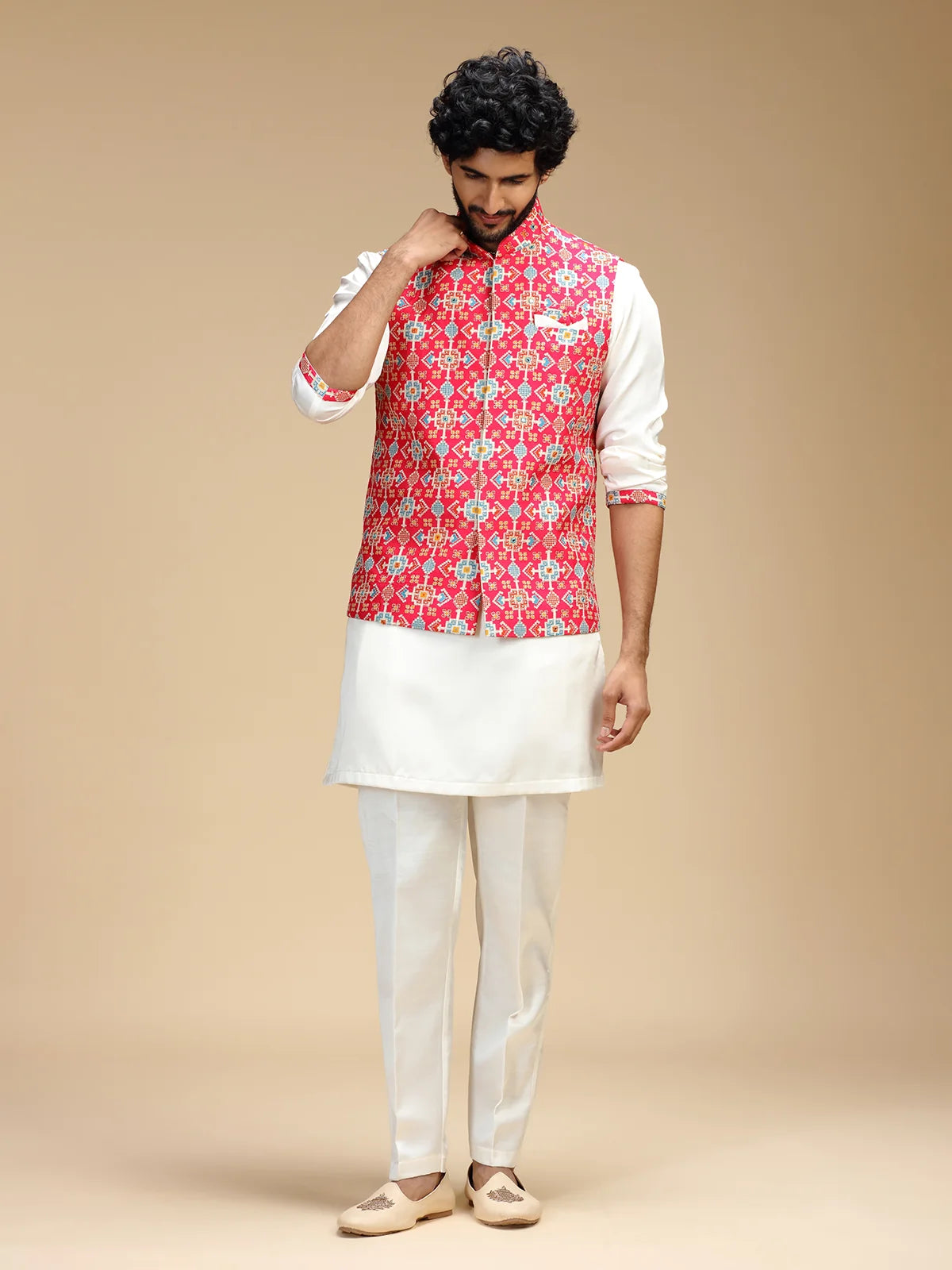 Rani Pink & Cream Embroidered Kurta Jacket Pant Set for Men