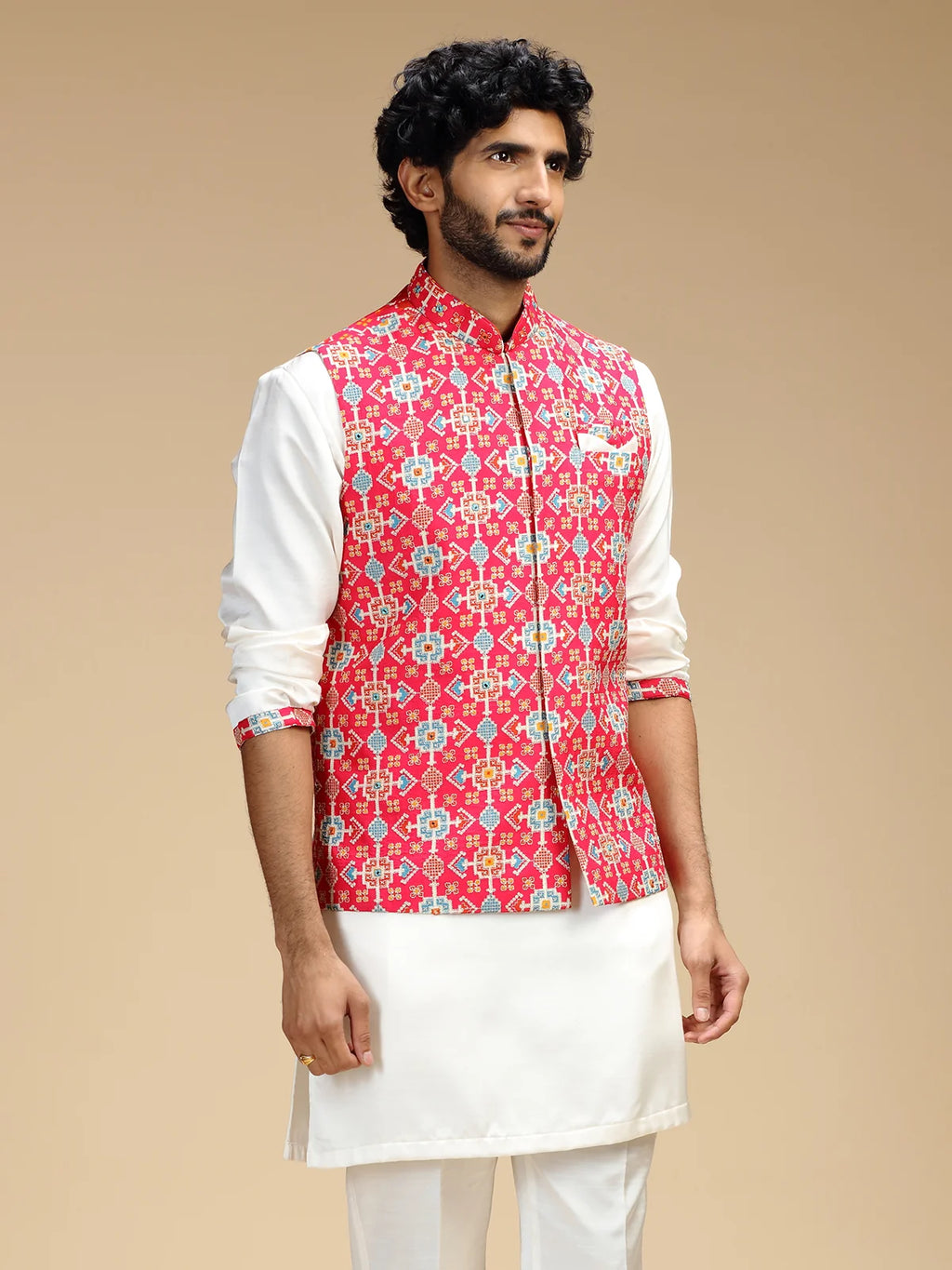 Rani Pink & Cream Embroidered Kurta Jacket Pant Set for Men
