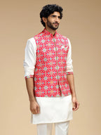 Rani Pink & Cream Embroidered Kurta Jacket Pant Set for Men