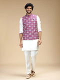Purple & Cream Embroidered Kurta Jacket Pant Set for Men