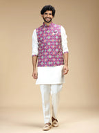 Purple & Cream Embroidered Kurta Jacket Pant Set for Men