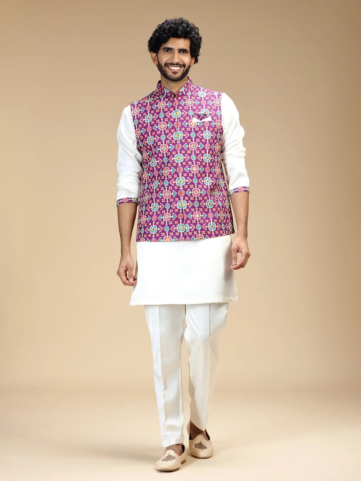 Purple & Cream Embroidered Kurta Jacket Pant Set for Men