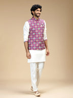 Purple & Cream Embroidered Kurta Jacket Pant Set for Men