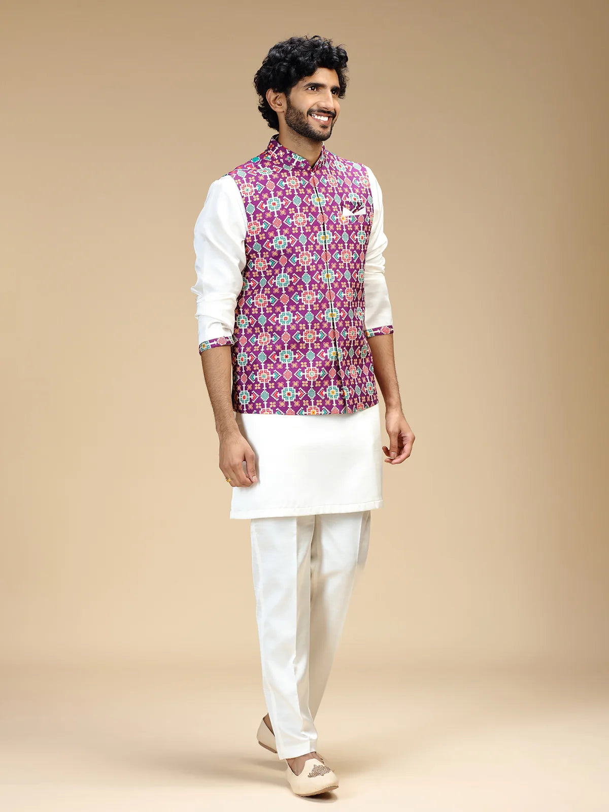 Purple & Cream Embroidered Kurta Jacket Pant Set for Men