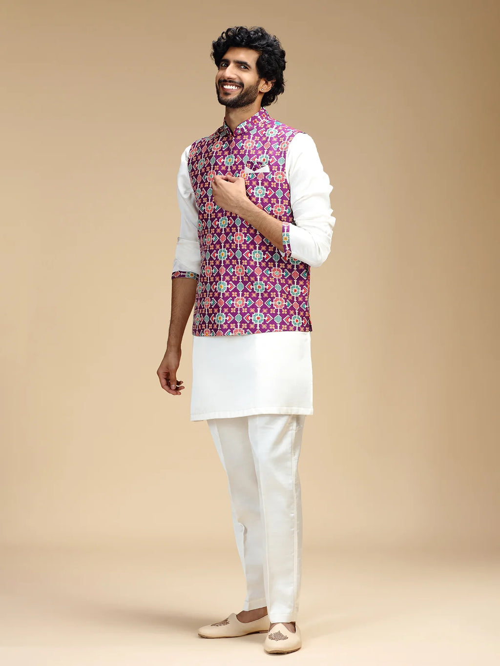 Purple & Cream Embroidered Kurta Jacket Pant Set for Men