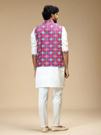 Purple & Cream Embroidered Kurta Jacket Pant Set for Men