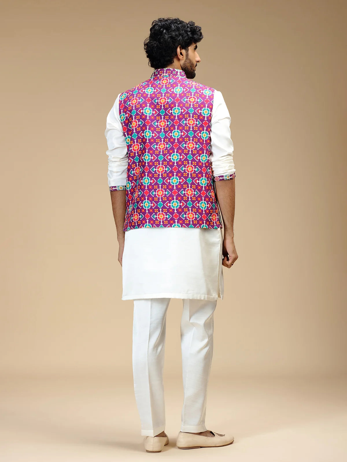 Purple & Cream Embroidered Kurta Jacket Pant Set for Men