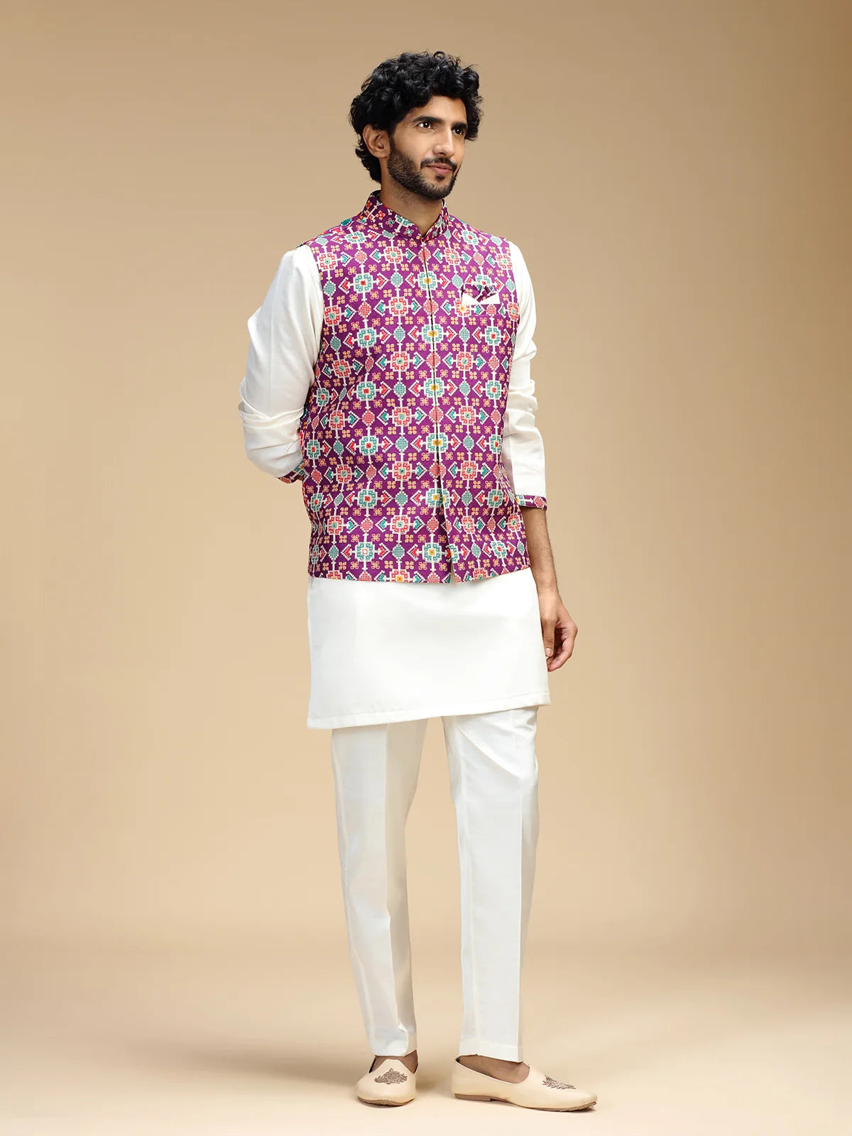Purple & Cream Embroidered Kurta Jacket Pant Set for Men