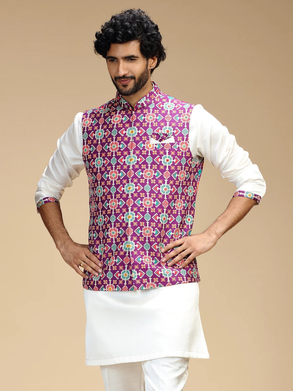 Purple & Cream Embroidered Kurta Jacket Pant Set for Men