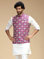 Purple & Cream Embroidered Kurta Jacket Pant Set for Men