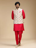 Red & Cream Embroidered Kurta Jacket Pant Set for Men