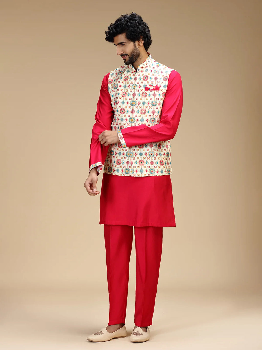Red & Cream Embroidered Kurta Jacket Pant Set for Men