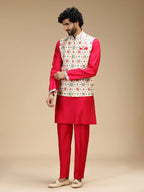 Red & Cream Embroidered Kurta Jacket Pant Set for Men