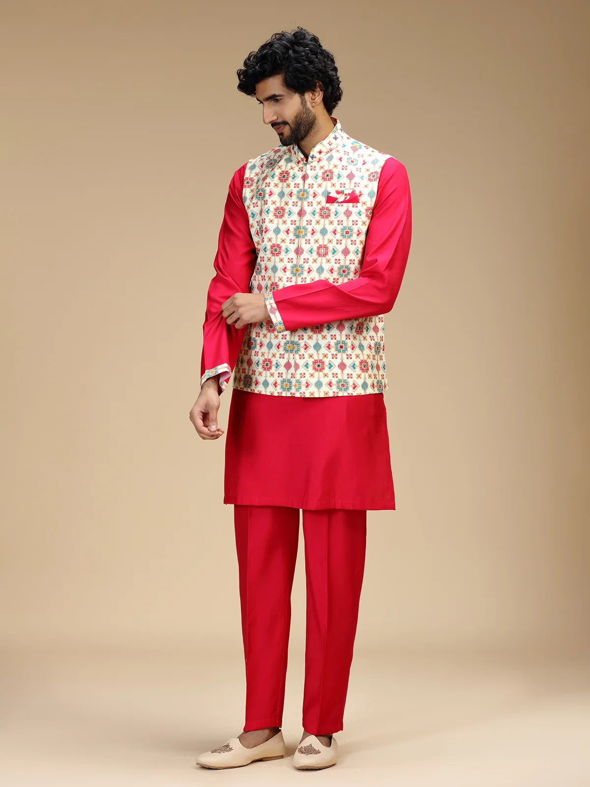 Red & Cream Embroidered Kurta Jacket Pant Set for Men