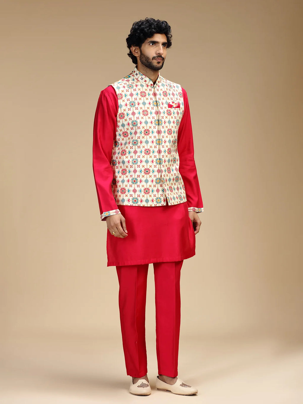 Red & Cream Embroidered Kurta Jacket Pant Set for Men