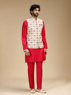 Red & Cream Embroidered Kurta Jacket Pant Set for Men