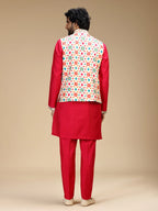 Red & Cream Embroidered Kurta Jacket Pant Set for Men