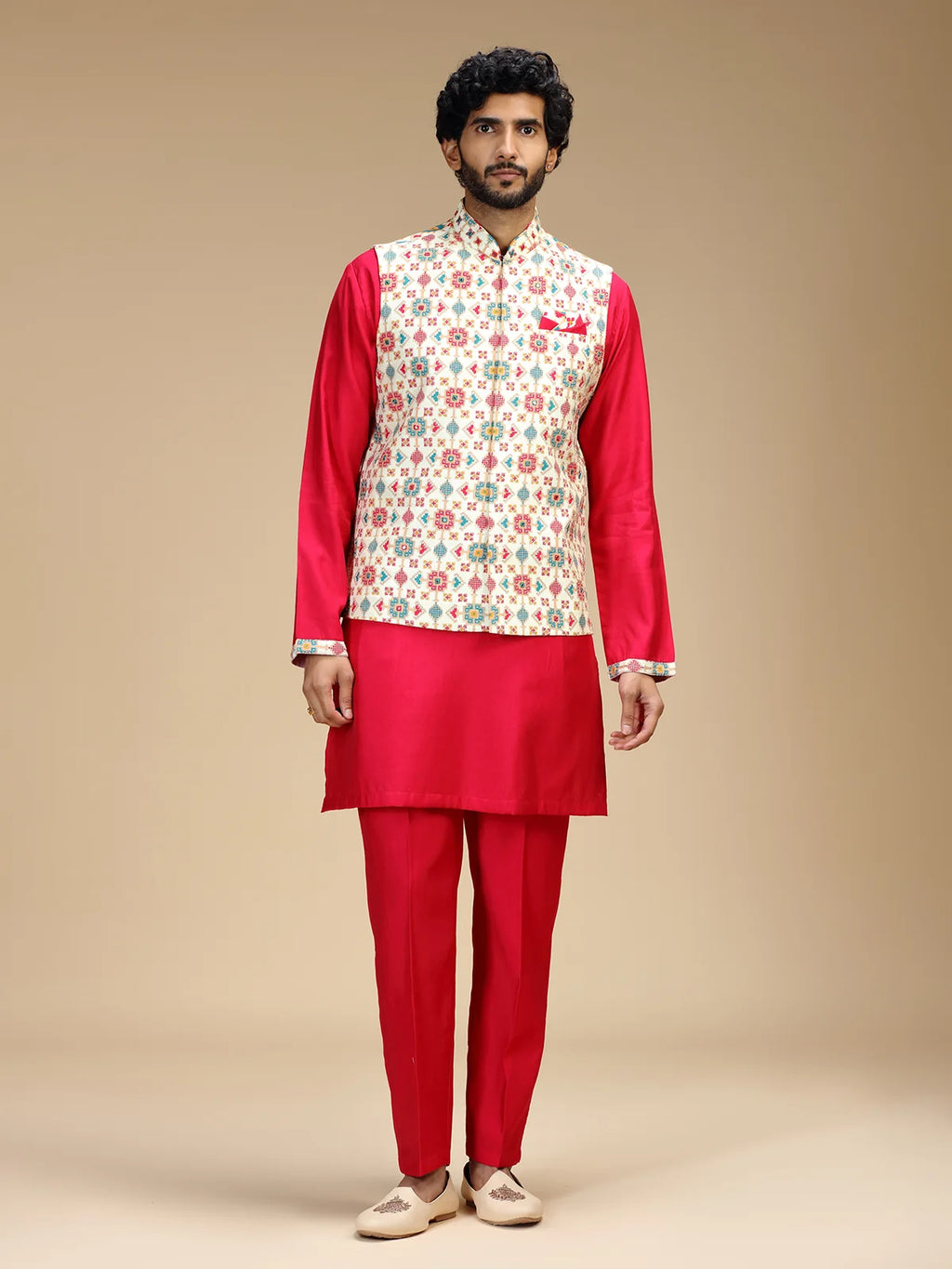 Red & Cream Embroidered Kurta Jacket Pant Set for Men