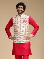 Red & Cream Embroidered Kurta Jacket Pant Set for Men