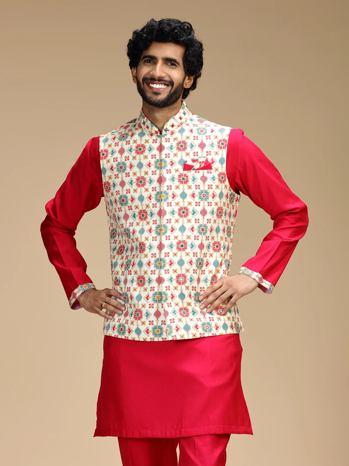 Red & Cream Embroidered Kurta Jacket Pant Set for Men