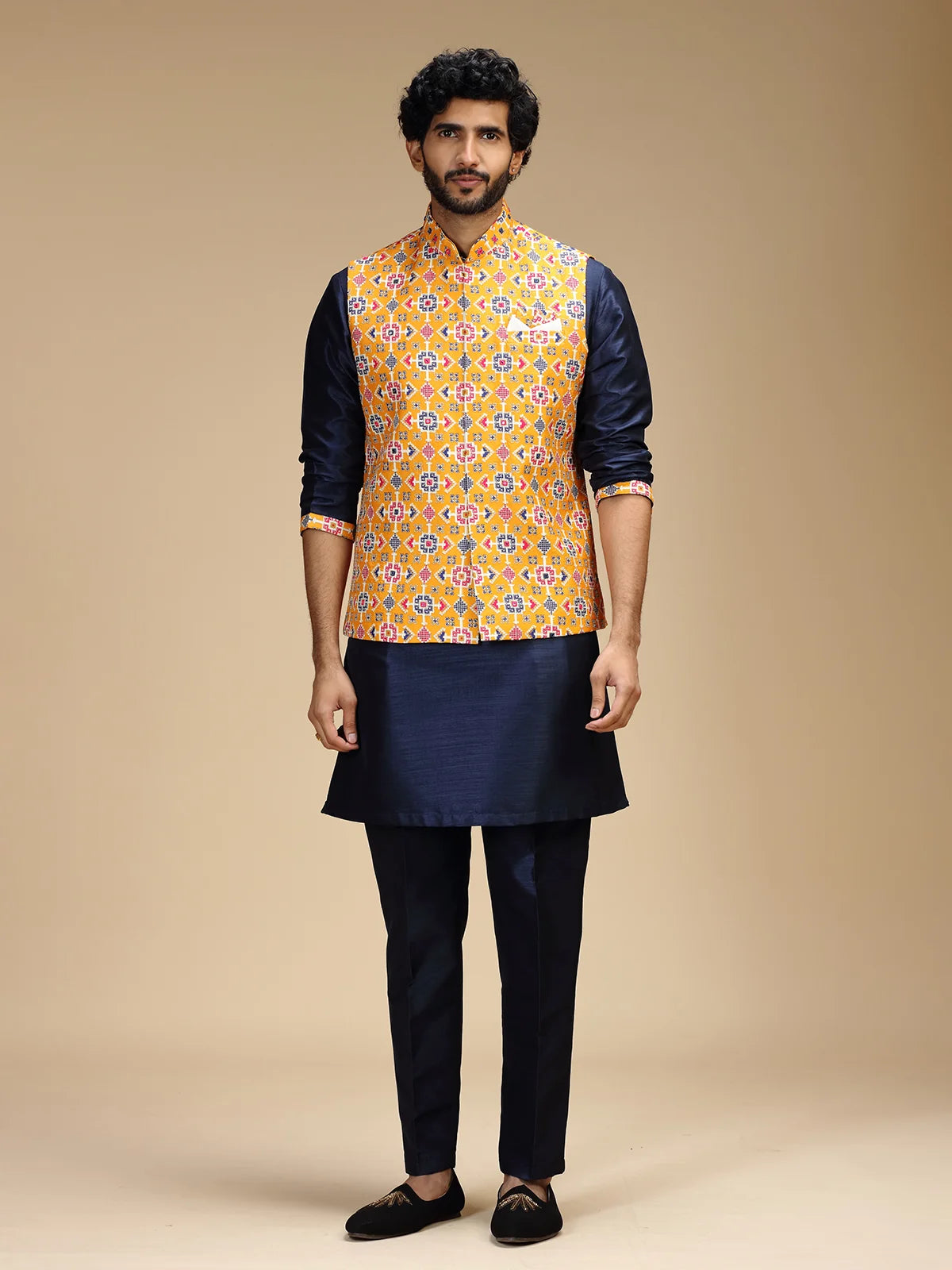 Navy Blue & Yellow Embroidered Kurta Jacket Pant Set for Men