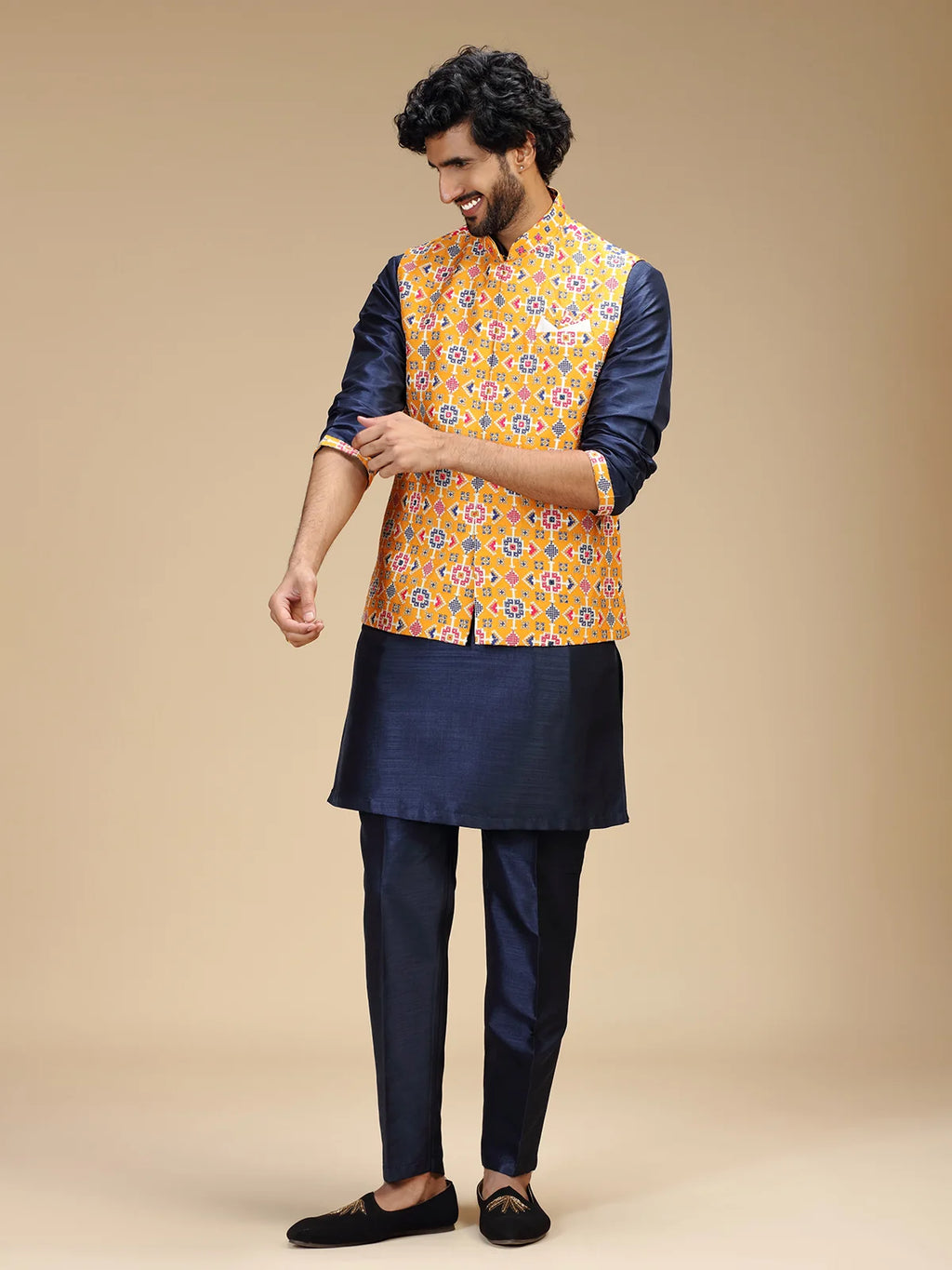 Navy Blue & Yellow Embroidered Kurta Jacket Pant Set for Men
