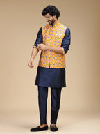 Navy Blue & Yellow Embroidered Kurta Jacket Pant Set for Men