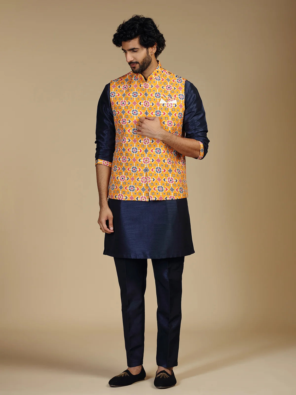 Navy Blue & Yellow Embroidered Kurta Jacket Pant Set for Men